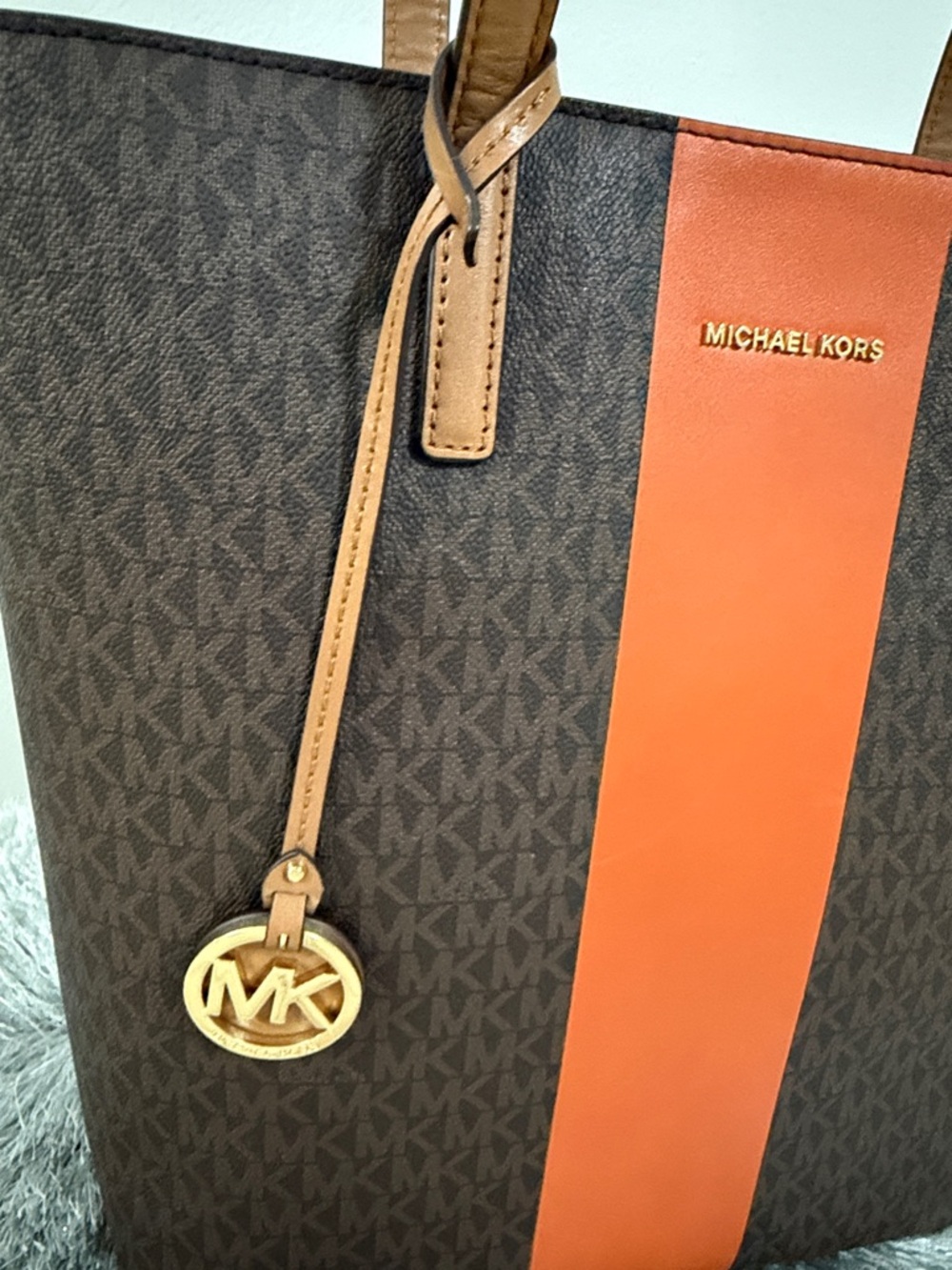 Michael Kors Brown and Orange Monogram Vertical Stripe Tote - Picture 5 of 5